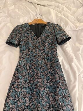 Club Monaco Blue And Green Floral Jacquard V-Neck Dress